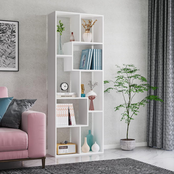 English Elm Asymmetrical Five Tier Geometric Bookcase Matte Sculptural Open Display Shelf White B372P431341