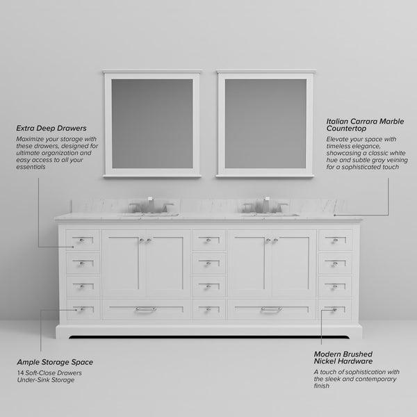 English Elm White Double Bath Vanity 84" W x 22" D with Carrara Marble Top, Solid Wood, 14 Drawers, Soft-Close B2731P258291