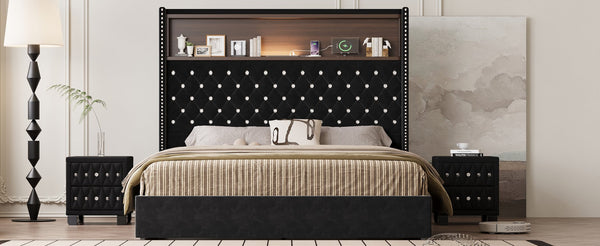 English Elm Queen Velvet Tufted Wingback Platform Bed Tall Headboard with Usb Charging Shelf Black N733P367135B