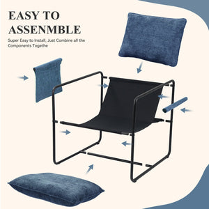 English Elm Accent Chair Mid-Century Rattan Arms Set of 2 with Rubber Wood Legs, Plush Fabric Seat, Cozy Lounge Dark Blue T3950P397482