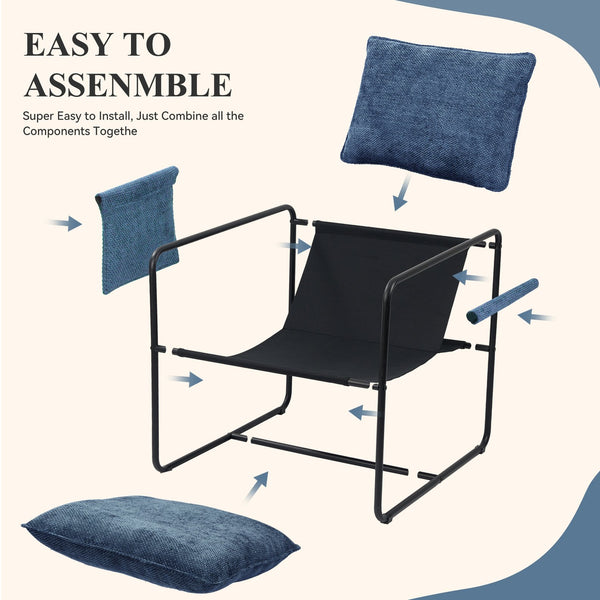 English Elm Accent Chair Mid-Century Rattan Arms Set of 2 with Rubber Wood Legs, Plush Fabric Seat, Cozy Lounge Dark Blue T3950P397482