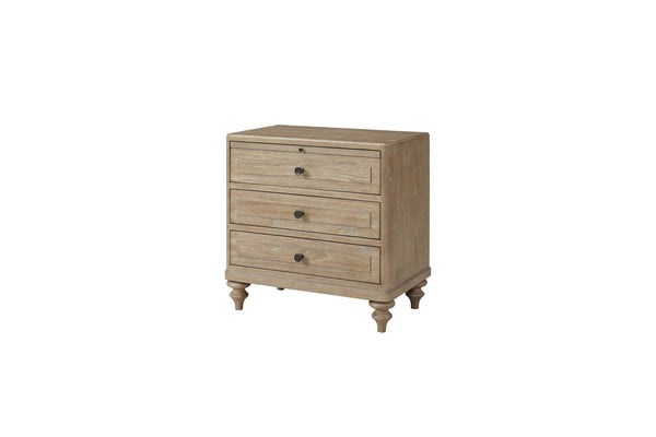 English Elm 3 Drawer Nightstand Solid Wood Sand Finish with Cedar-Lined Drawer, USB A/C Ports & Custom Hardware B2699P218786