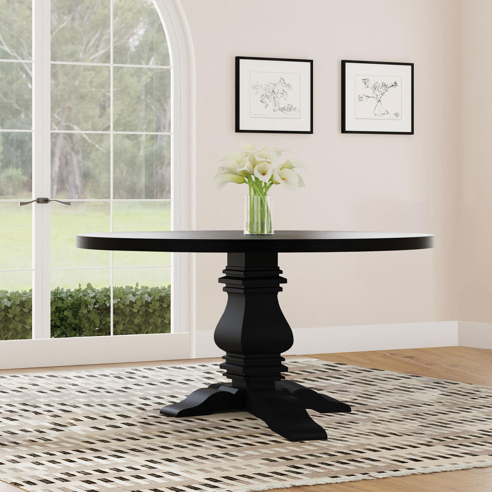English Elm Allende Solid Pine Round Dining Table Carved Pedestal Base Distressed Farmhouse Finish B062S01521