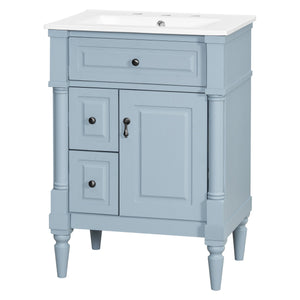 English Elm 24 Inch Freestanding Vanity with Ceramic Sink Rubberwood Frame Matte Finish Storage Blue+Grey N725P356058E