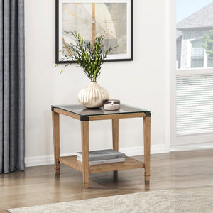 English Elm Modern Tempered Glass Top End Table Brown Wood Frame with Open Shelf for Living Room B011P459321