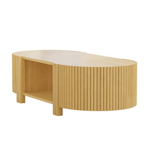 English Elm Oval Fluted Rubberwood Coffee Table with Open Storage Shelf for Living Room Natural N735P369880N