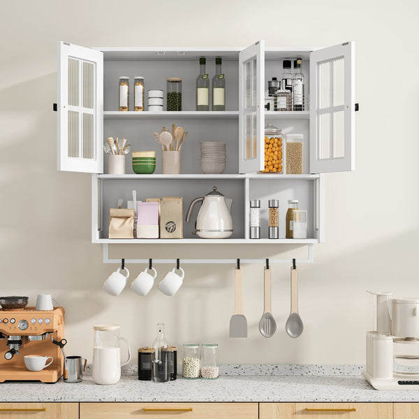 English Elm Bathroom Wall Cabinet with 3 Doors and Glass Panel, MDF Storage Cabinet with Towel Bar, Modern 35.6"L x 10.2"W x 32.5"H White W757P329727
