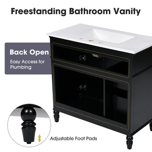 English Elm 36" Modern Bathroom Vanity with Ceramic Sink, Solid Wood + MDF Frame, Sleek Freestanding Design Black N725P195410B