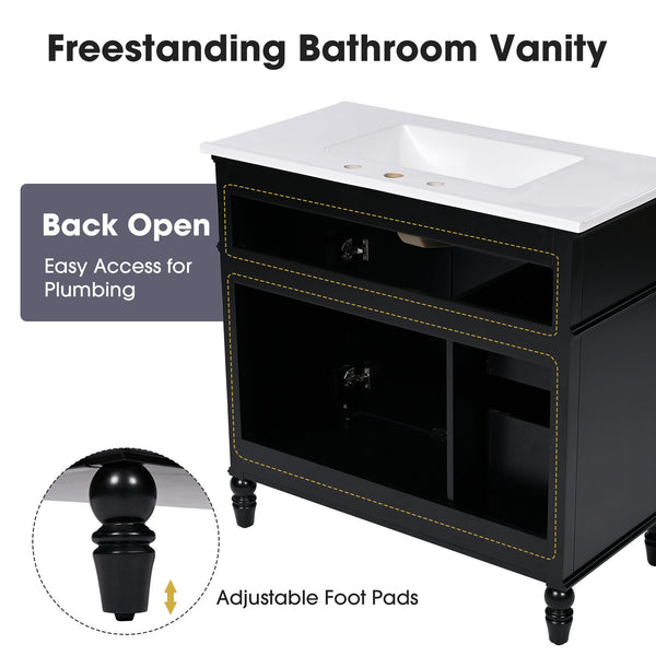 English Elm 36" Modern Bathroom Vanity with Ceramic Sink, Solid Wood + MDF Frame, Sleek Freestanding Design Black N725P195410B