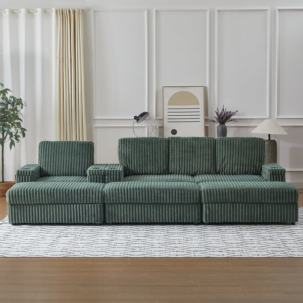 English Elm Corduroy minimalist coffee table conversion sofa set with cup grooves, recliner comfort and L-shaped layout for hosting Green W834S00549