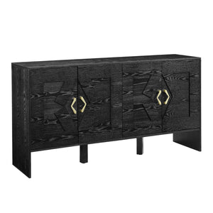 English Elm 60" Mid Century Modern Sideboard Buffet Cabinet with Fluted Diamond Front, Adjustable Shelves, Black — Stylish Storage for TV, Dining, Entryway W1801P290306