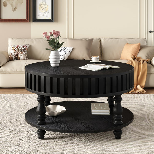 English Elm Farmhouse Fluted Square Coffee Table with Flip Top Hidden Compartment and Open Shelf Black W1445P370482