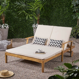 English Elm Christopher Knight Home® - Perla Double Chaise Lounge - Elegant Cream Acacia Wood For Poolside Relaxation & Adjustable Comfort 63357.00CRM