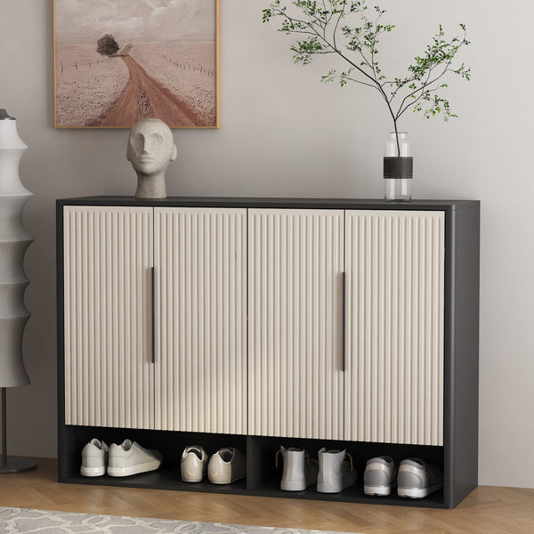 English Elm Shoe Cabinet with Four Doors Adjustable Shelves Entryway Organizer Modern Storage Unit W1321S00040