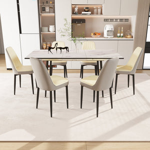 English Elm 47"-63" Extendable Dining Set Six Pu Leather Chairs Mdf Top Black Metal Legs Modern Beige Gray+White W2189S00921