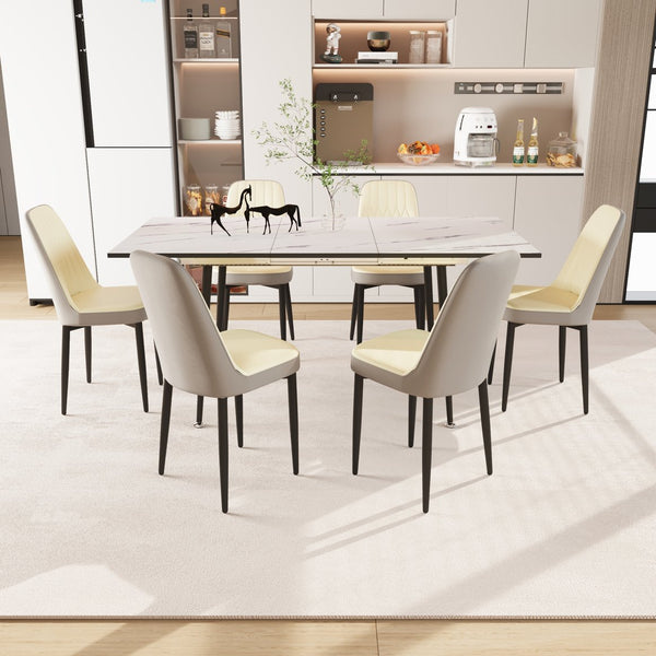 English Elm 47"-63" Extendable Dining Set Six Pu Leather Chairs Mdf Top Black Metal Legs Modern Beige Gray+White W2189S00921