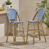 Christopher Knight Home® Noble House 29.5" Outdoor Pe Rattan French Barstool, Navy Blue And White, Aluminum Frame With Bamboo Finish (Set Of 2)