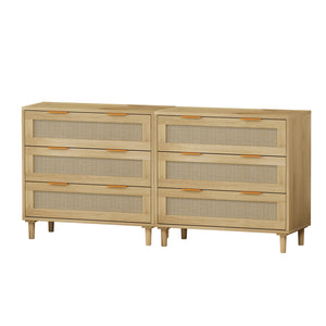 English Elm 3-Drawers Rattan Storage Cabinet Set Of 2 - Stylish Oak Cabinets For Bedroom, Living Room & More! W757S00025