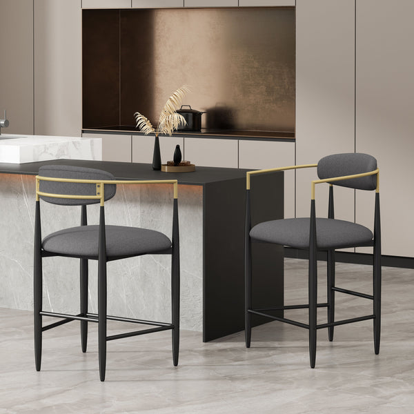 English Elm Counter Stools Set of Two Upholstered Matte Black Iron Frames with Gold Trim Modern N771P392273C
