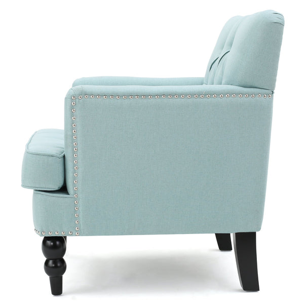 English Elm Christopher Knight Home® - HARRISON Tufted Club Chair with Diamond-Stitched Back, Nailhead Trim and Turned Birch Legs for Comfort and Style Light Blue 53444.00FLBL