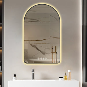 English Elm 28"x48"Arched LED Mirror with Clock & Thermometer, Anti-Fog, Dimmable 3-Color Backlight, Black Frame W2709P242512