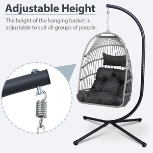English Elm Foldable Hanging Egg Chair with Stand Pillow, HDPE Wicker, Rust‑Resistant Frame, Cushioned Headrest, 350lb Capacity Gray W2500P369668