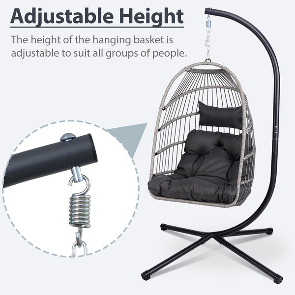 English Elm Foldable Hanging Egg Chair with Stand Pillow, HDPE Wicker, Rust‑Resistant Frame, Cushioned Headrest, 350lb Capacity Gray W2500P369668
