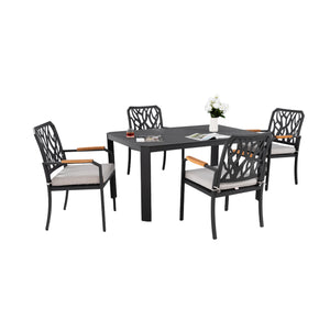 English Elm 5PC Outdoor Patio Aluminum Furniture Set with Sunbrella Cushions, Branch-Back Chairs & Umbrella Hole W1886S00026