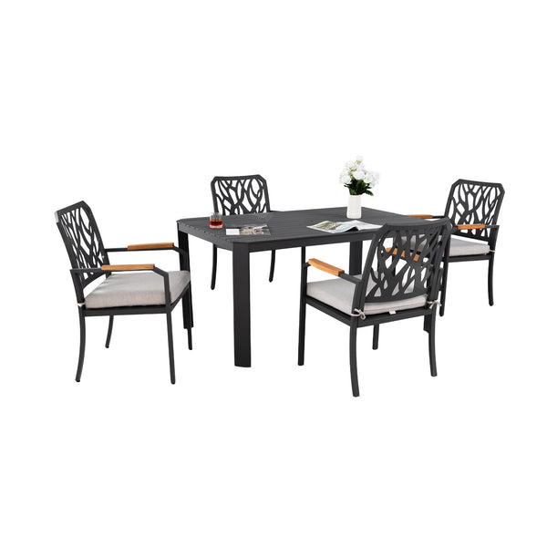 English Elm 5PC Outdoor Patio Aluminum Furniture Set with Sunbrella Cushions, Branch-Back Chairs & Umbrella Hole W1886S00026