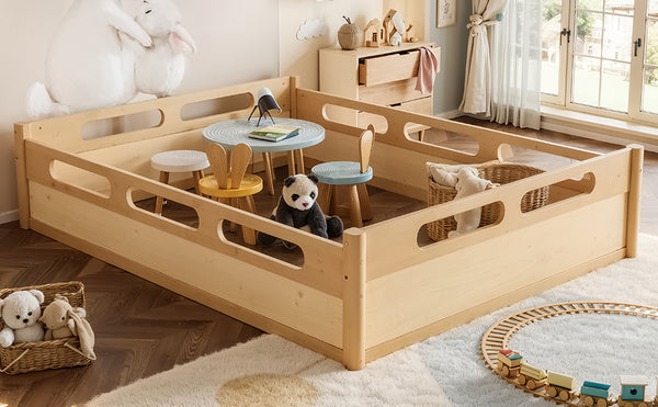 English Elm Queen Low Profile Floor Bed Pine Wood Frame Japandi Minimalist Bedroom Design Natural W1580P438796