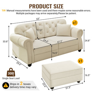 English Elm 63"upholstered Velvet Loveseat with Button Tufting Brass Nailhead Trim Mid-century Chesterfield Beige White W1885S00376