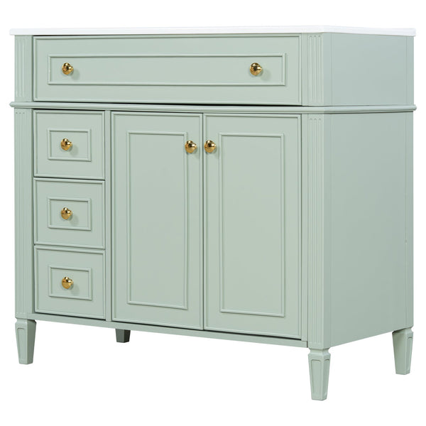 English Elm 36 Inch Freestanding Bathroom Vanity Sage Pine Cabinet Gold Hardware Ceramic Sink Green N725P366468G