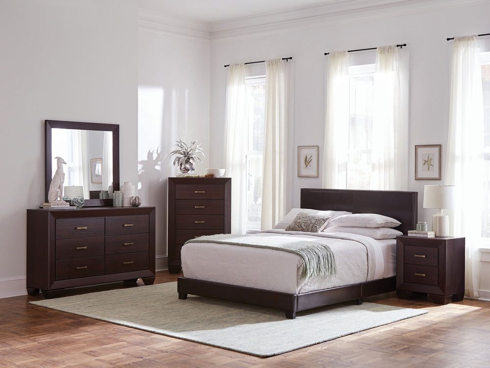 English Elm Warwick Queen Bedroom Set with Leatherette Headboard in Modern Cocoa Finish B062S00753