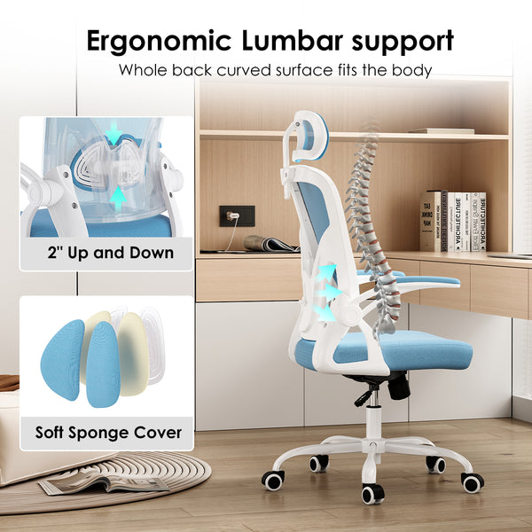 English Elm Ergonomic High Back Mesh Desk Chair with Flip up Arms and Adjustable Lumbar Support Blue,White T3623P434250
