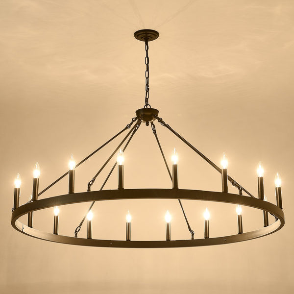 English Elm 53 Inch Iron Wagon Wheel Chandelier 18 Candle Lights Farmhouse Industrial Pendant W5008P393042