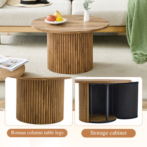 English Elm A Round Mdf Coffee Table with Sculptural Roman Legs and Hidden Storage for Living Rooms W2827P366711