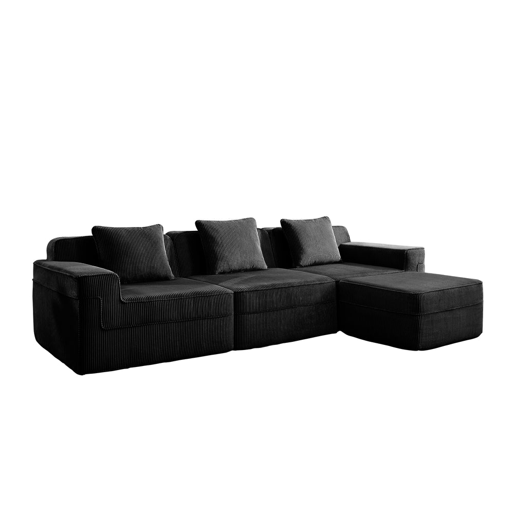 English Elm Modular 3-Seat L-Shape Sectional Couch - Plush Black Corduroy Sofa With Removable Pillows & Ottoman W3041S00325