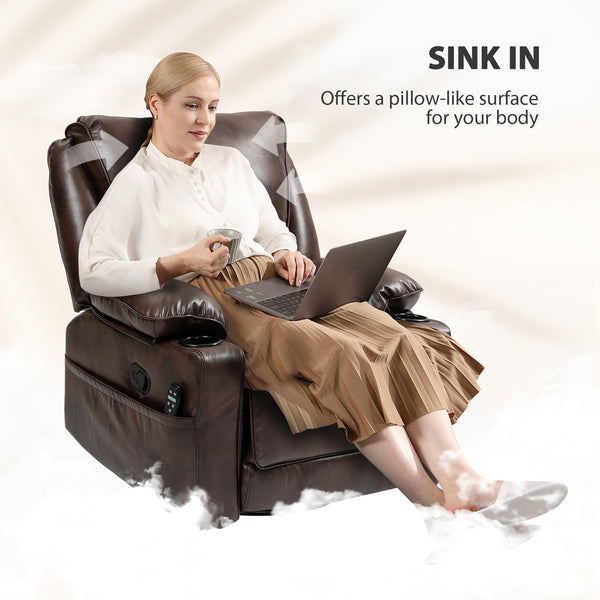 English Elm Massage Recliner Swivel Rocker with Heat Lumbar Support Pu Leather Oversized Lounge T3971P405839