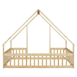 English Elm Full House-Shaped Floor Bed with Fence and Guardrails, Pine Wood Play Loft for Imaginative Kids Retreat Natural W504P143295