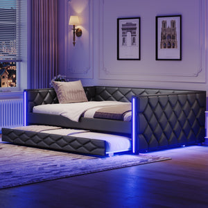 English Elm Full XL Upholstered Daybed with Trundle and Built-In LED Lighting, Tufted Arms, Solid Wood Frame Black N7090000611B