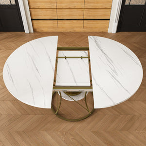 English Elm 43 Inch Expandable Round Dining Table Walnut Veneer Seats Six with Metal Storage Shelf Walnut+Gold W2700P411581