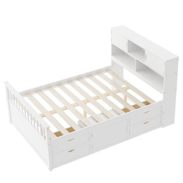 English Elm Full Size Captain Platform Bed Frame With Bookcase Headboard, Storage Drawers & White Finish N7090000473K