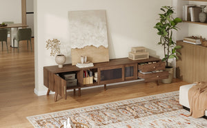 English Elm 76" Modern Minimal TV Stand with Waveform Glass Doors, Soft-Close Drawers, Cable Management, Solid Wood Legs (Fits TVs up to 85") N710P298234P