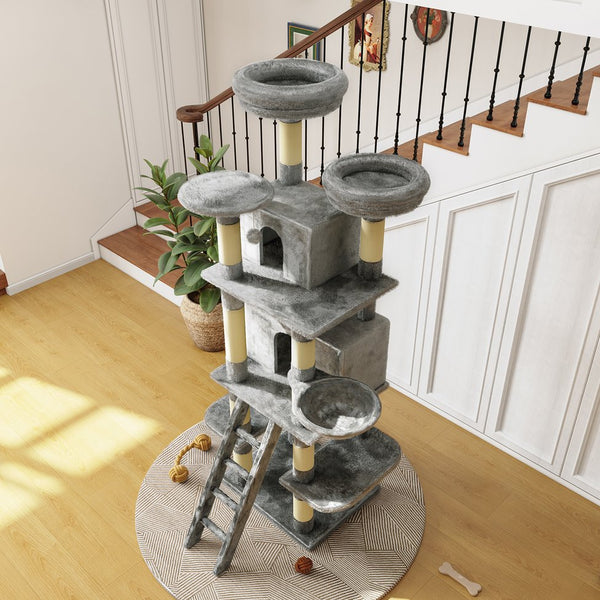 English Elm Large 7 Tier Plush Cat Tree with Dual Condos Hammock Sisal Posts for Multi Cat Homes Gray W1578P447623