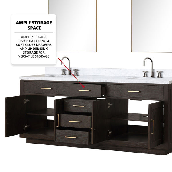 English Elm Brown Oak Double Bath Vanity With Carrara Marble Top, Mirrors & Faucet Set For Elegant Upgrades B2731S01814