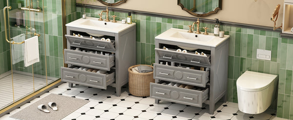 English Elm 60'' Freestanding Bathroom Vanity Set With Ceramic Sink, Gray Wood Frame & 3 Soft-Close Drawers N710SS00003E