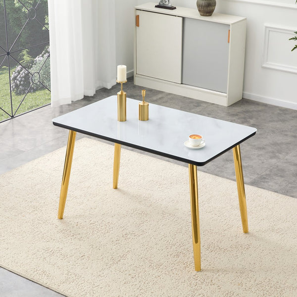 English Elm Modern Marble Look Glass Top Dining Table with Gold Tapered Legs Seats Six W1151S04619