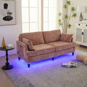 English Elm Modern chenille 2-seater sofa with LED lighting, USB charging, storage pocket, sturdy wood legs Pink W395P318541