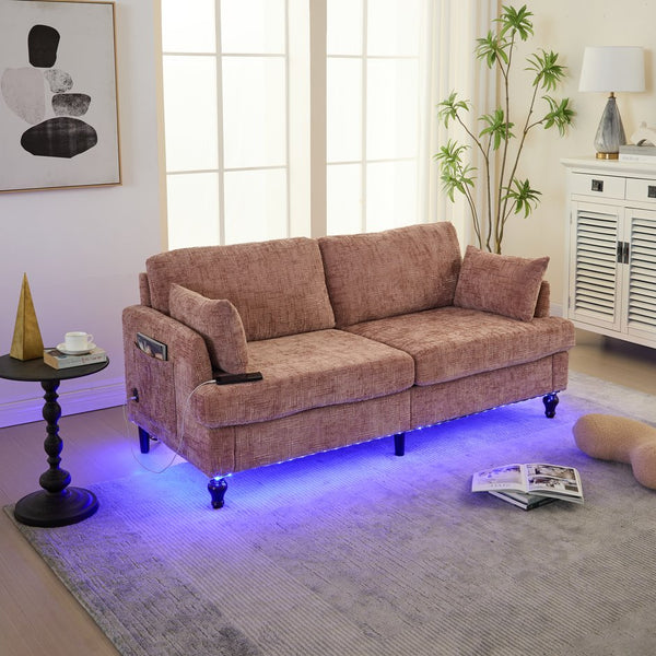 English Elm Modern chenille 2-seater sofa with LED lighting, USB charging, storage pocket, sturdy wood legs Pink W395P318541