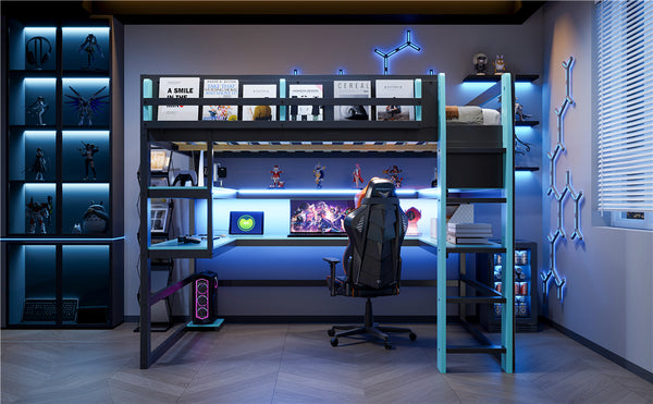 English Elm Full Size Gaming Loft Bed with Rgb Lights Wraparound Shelves and Built-in Usb Ports Blue LT000299AAC